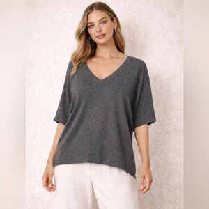 Eileen Fisher Grey  Lagenlook Wool Silk Boxy Sweater L Relaxed Dolman Minimalist